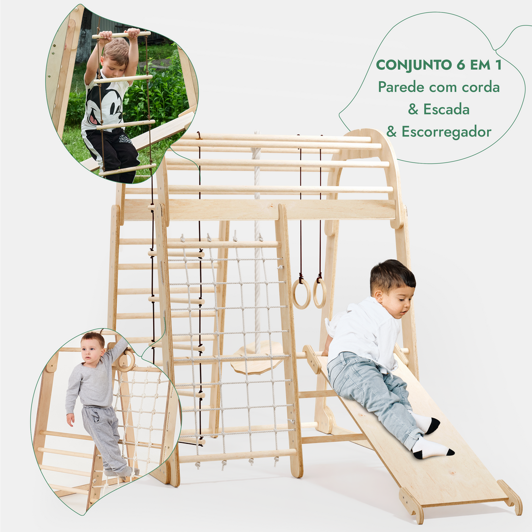 Parque infantil interior em madeira para crianças - Parque infantil 6 em 1 + conjunto de baloiços + escorrega