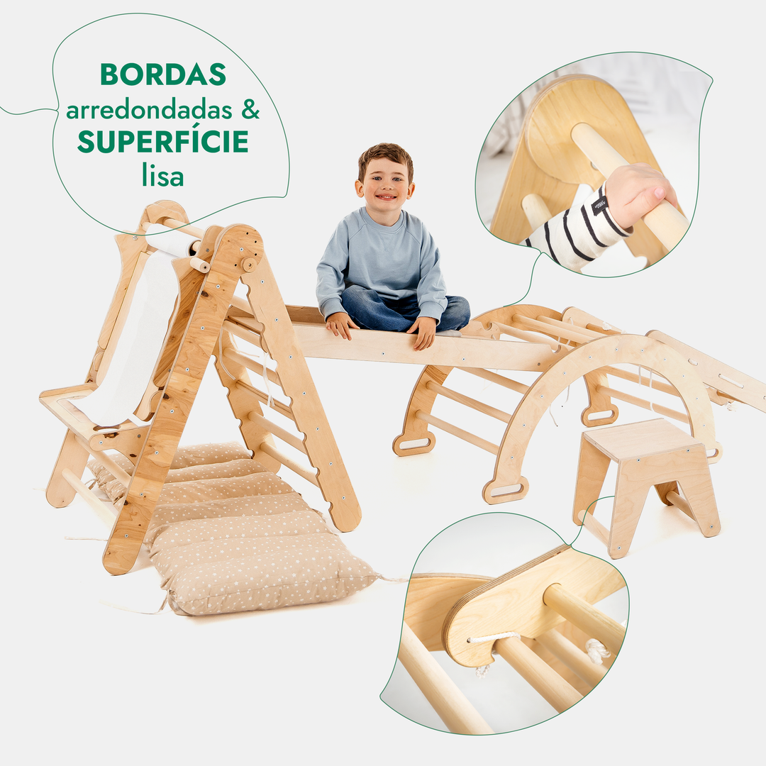 Conjunto de escalada Montessori 6 em 1: Escada triangular + Arco/Baloiço + Escorrega/Rampa + Rede + Almofada + Acessório de desenho e arte