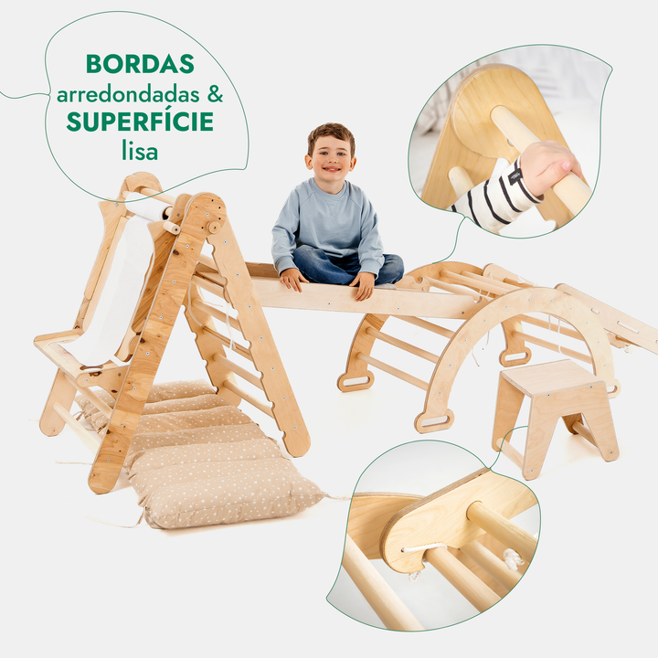 Conjunto de escalada Montessori 6 em 1: Escada triangular + Arco/Baloiço + Escorrega/Rampa + Rede + Almofada + Acessório de desenho e arte