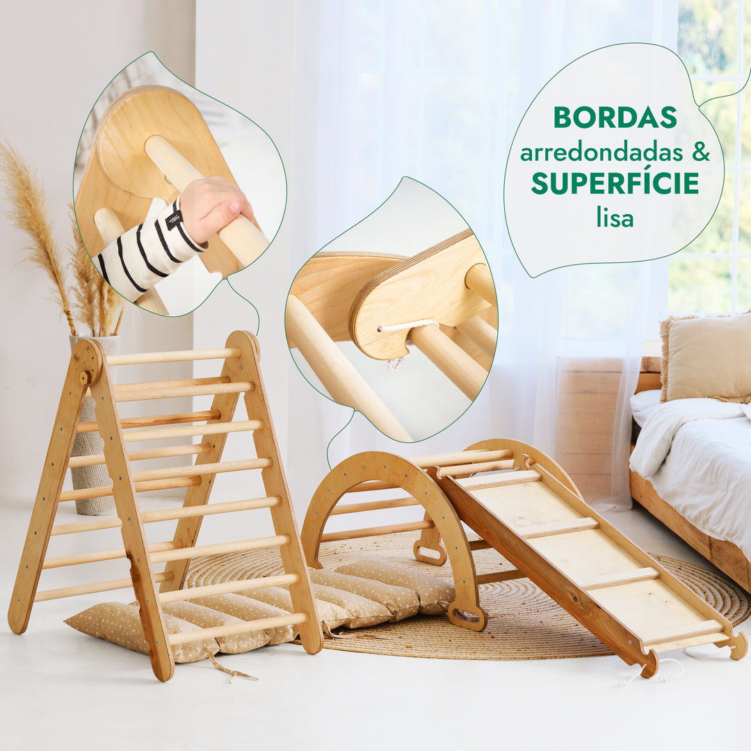 Conjunto de escalada Montessori 4 em 1: Escada Triangular + Arco de Escalada + Escorrega + Almofada Bege