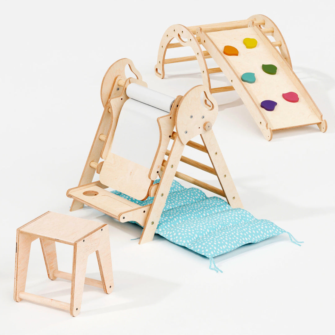 Conjunto de trepar 5 em 1 para crianças: Escada Triangular + Arco de Escalada + Escorrega + Almofada + Acessório de desenho e arte