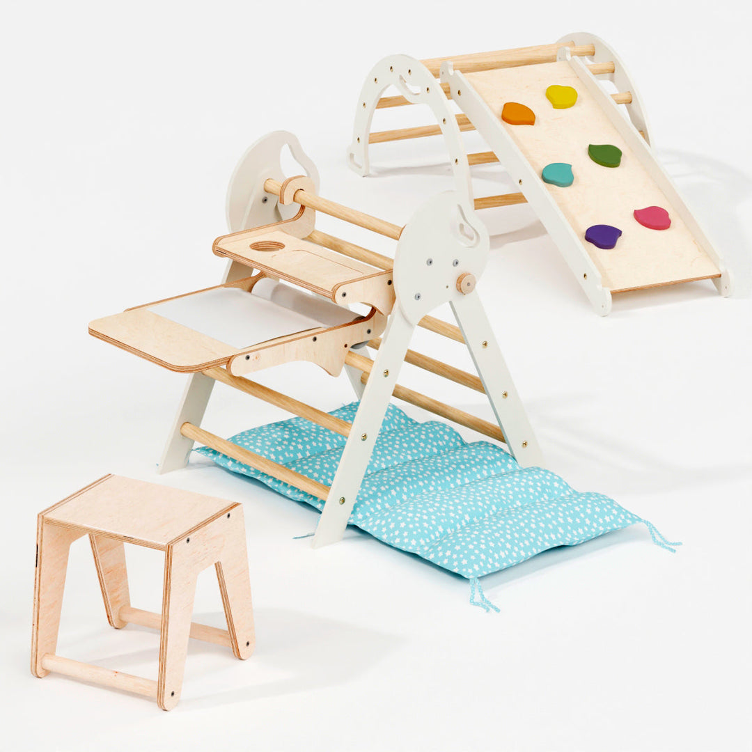 Conjunto de trepar 5 em 1 para crianças: Escada Triangular + Arco de Escalada + Escorrega + Almofada + Acessório de desenho e arte
