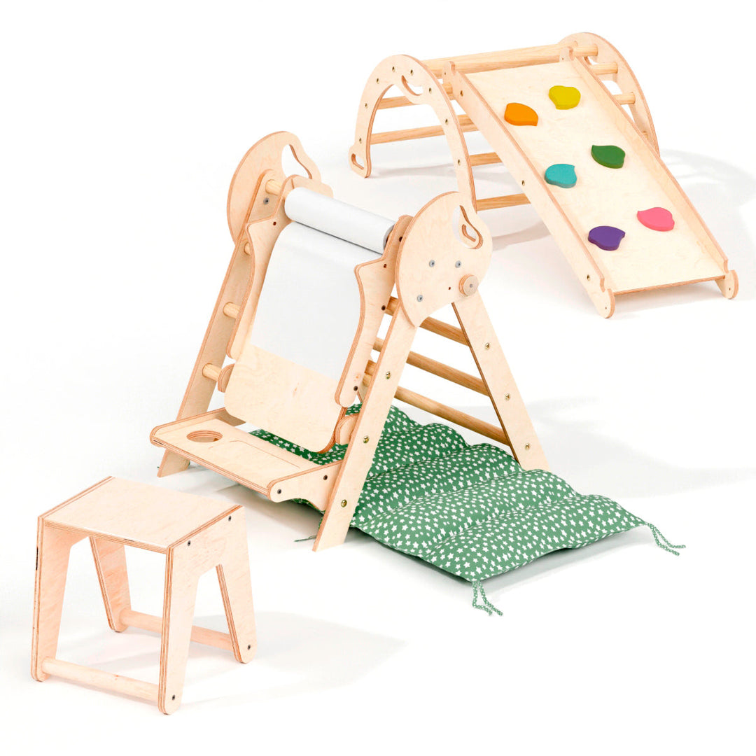 Conjunto de trepar 5 em 1 para crianças: Escada Triangular + Arco de Escalada + Escorrega + Almofada + Acessório de desenho e arte