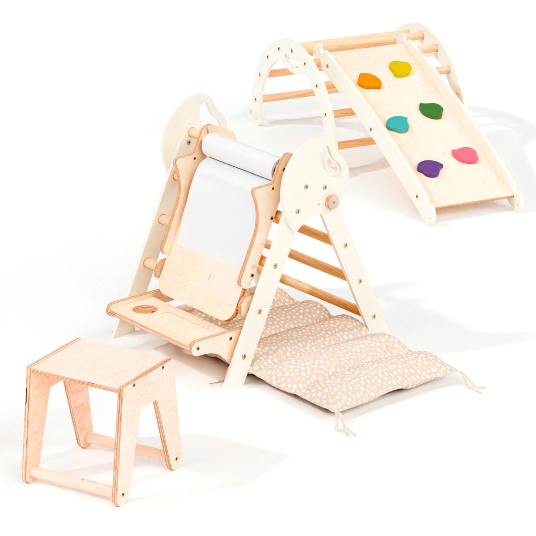 Conjunto de trepar 5 em 1 para crianças: Escada Triangular + Arco de Escalada + Escorrega + Almofada + Acessório de desenho e arte