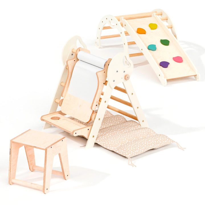 Conjunto de trepar 5 em 1 para crianças: Escada Triangular + Arco de Escalada + Escorrega + Almofada + Acessório de desenho e arte