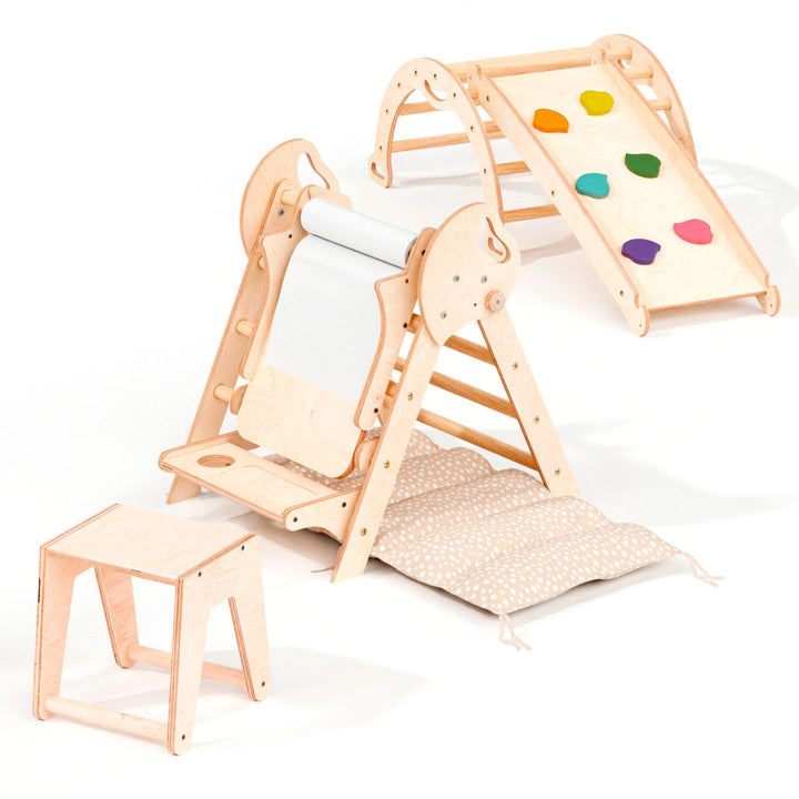 Conjunto de trepar 5 em 1 para crianças: Escada Triangular + Arco de Escalada + Escorrega + Almofada + Acessório de desenho e arte