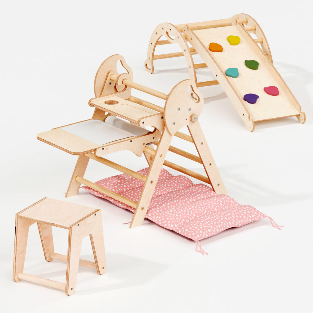 Conjunto de trepar 5 em 1 para crianças: Escada Triangular + Arco de Escalada + Escorrega + Almofada + Acessório de desenho e arte