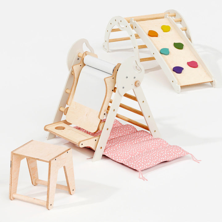 Conjunto de trepar 5 em 1 para crianças: Escada Triangular + Arco de Escalada + Escorrega + Almofada + Acessório de desenho e arte