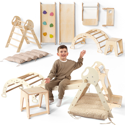 Conjunto de trepar 5 em 1 para crianças: Escada Triangular + Arco de Escalada + Escorrega + Almofada + Acessório de desenho e arte