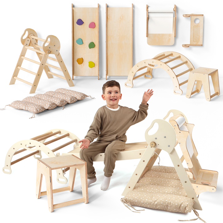 Conjunto de trepar 5 em 1 para crianças: Escada Triangular + Arco de Escalada + Escorrega + Almofada + Acessório de desenho e arte