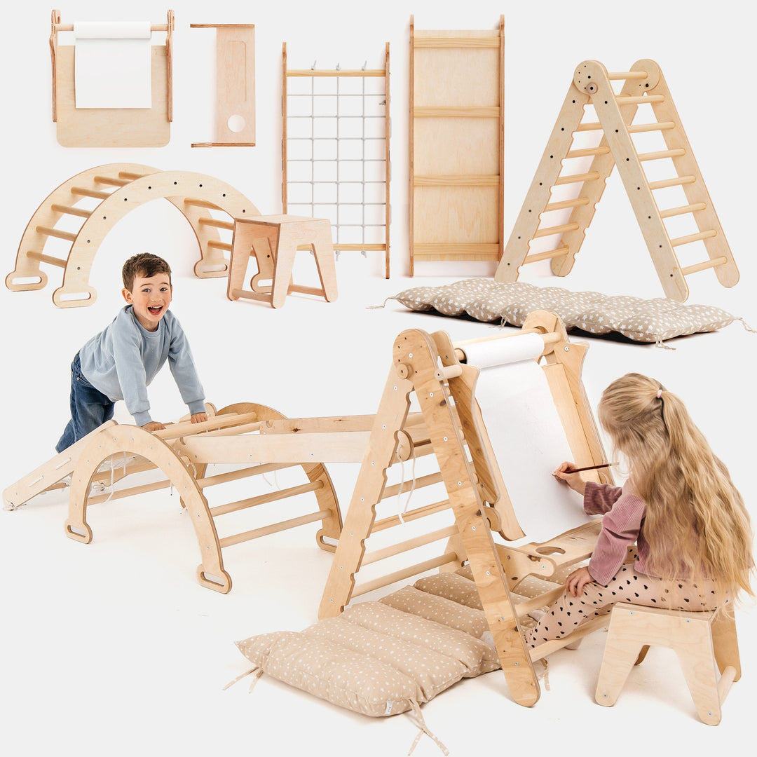 Conjunto de escalada Montessori 6 em 1: Escada triangular + Arco/Baloiço + Escorrega/Rampa + Rede + Almofada + Acessório de desenho e arte