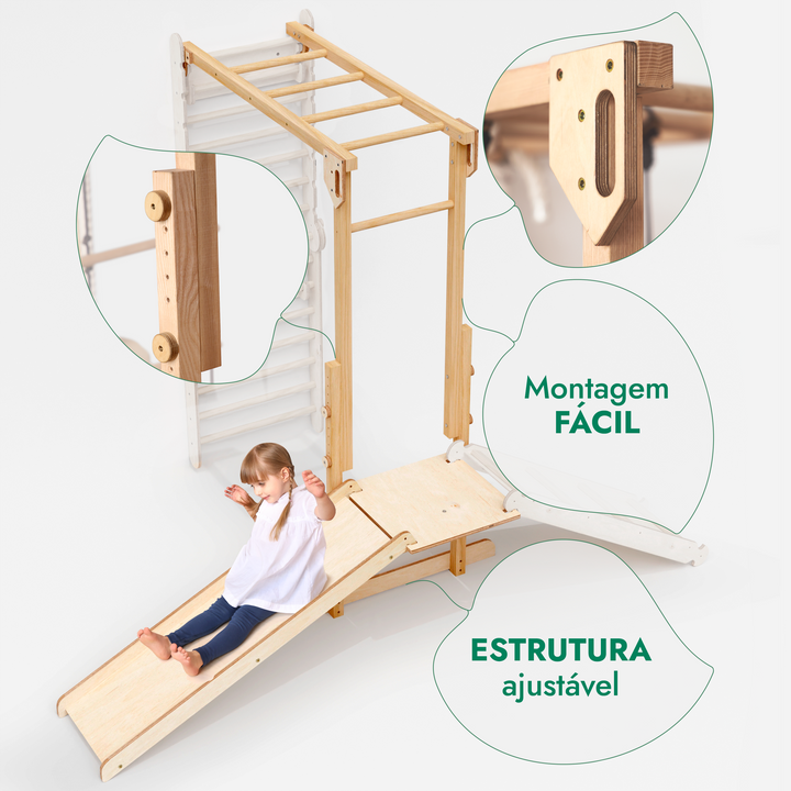 Conjunto de Brincadeira Jungle 7-em-1 para Crianças: Escada Sueca + Barras de Macaco + Balanço + Escorrega + Rampa