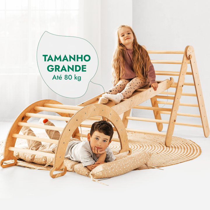 Conjunto de escalada Montessori 4 em 1: Escada Triangular + Arco de Escalada + Escorrega + Almofada Bege