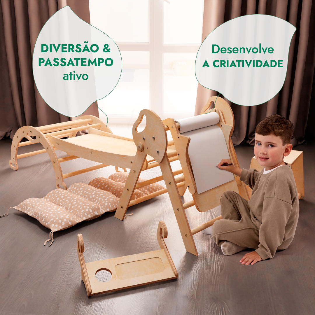 Conjunto de trepar 5 em 1 para crianças: Escada Triangular + Arco de Escalada + Escorrega + Almofada + Acessório de desenho e arte
