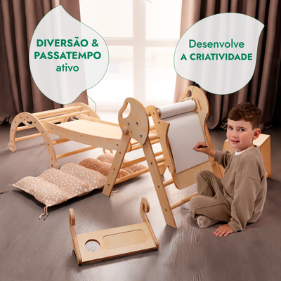 Conjunto de trepar 5 em 1 para crianças: Escada Triangular + Arco de Escalada + Escorrega + Almofada + Acessório de desenho e arte