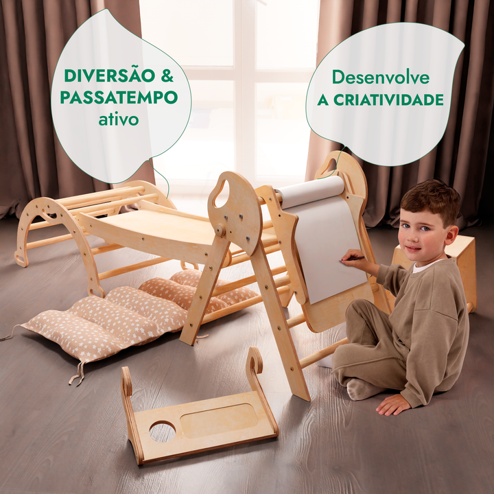 Conjunto de trepar 5 em 1 para crianças: Escada Triangular + Arco de Escalada + Escorrega + Almofada + Acessório de desenho e arte