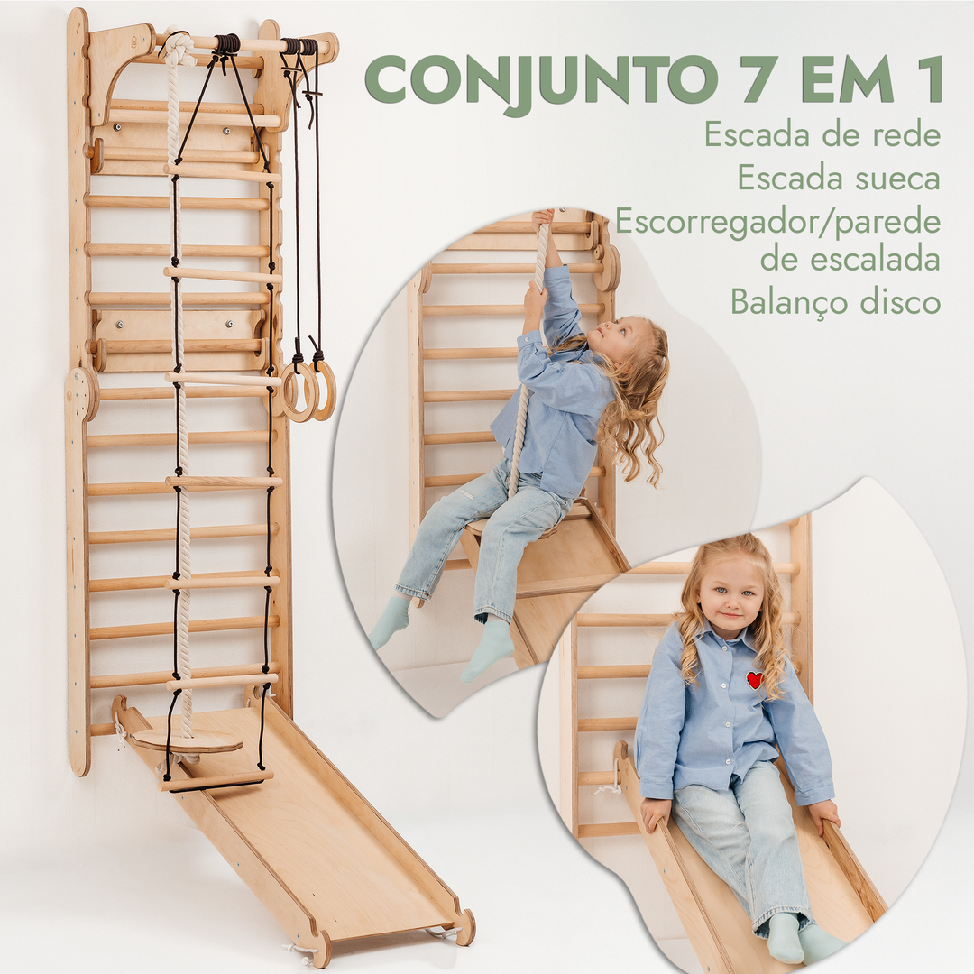 Parede sueca de madeira 4 em 1 / Escada de escalada para crianças + Baloiço + Escorrega + Quadro para desenho e arte