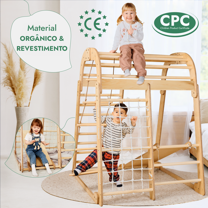 Parque infantil interior em madeira para crianças - Parque infantil 6 em 1 + conjunto de baloiços + escorrega