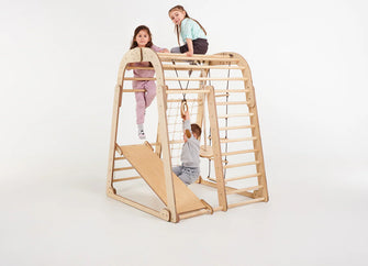 Parque infantil interior em madeira para crianças - Parque infantil 7 em 1 + conjunto de baloiços + escorrega + Acessório de desenho e arte