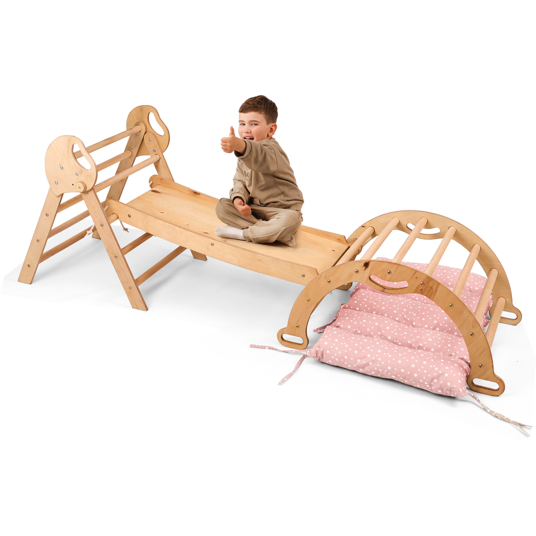 Conjunto de trepar 4 em 1 para crianças: Escada Triangular + Arco de Escalada + Escorrega + Almofada