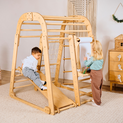 Parque infantil interior em madeira para crianças - Parque infantil 7 em 1 + conjunto de baloiços + escorrega + Acessório de desenho e arte