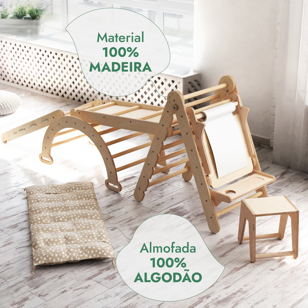 Conjunto de escalada Montessori 6 em 1: Escada triangular + Arco/Baloiço + Escorrega/Rampa + Rede + Almofada + Acessório de desenho e arte