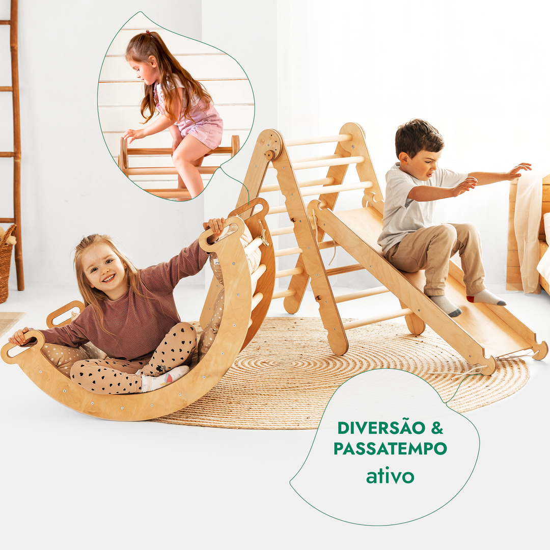 Conjunto de escalada Montessori 4 em 1: Escada Triangular + Arco de Escalada + Escorrega + Almofada Bege