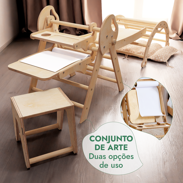 Conjunto de trepar 5 em 1 para crianças: Escada Triangular + Arco de Escalada + Escorrega + Almofada + Acessório de desenho e arte