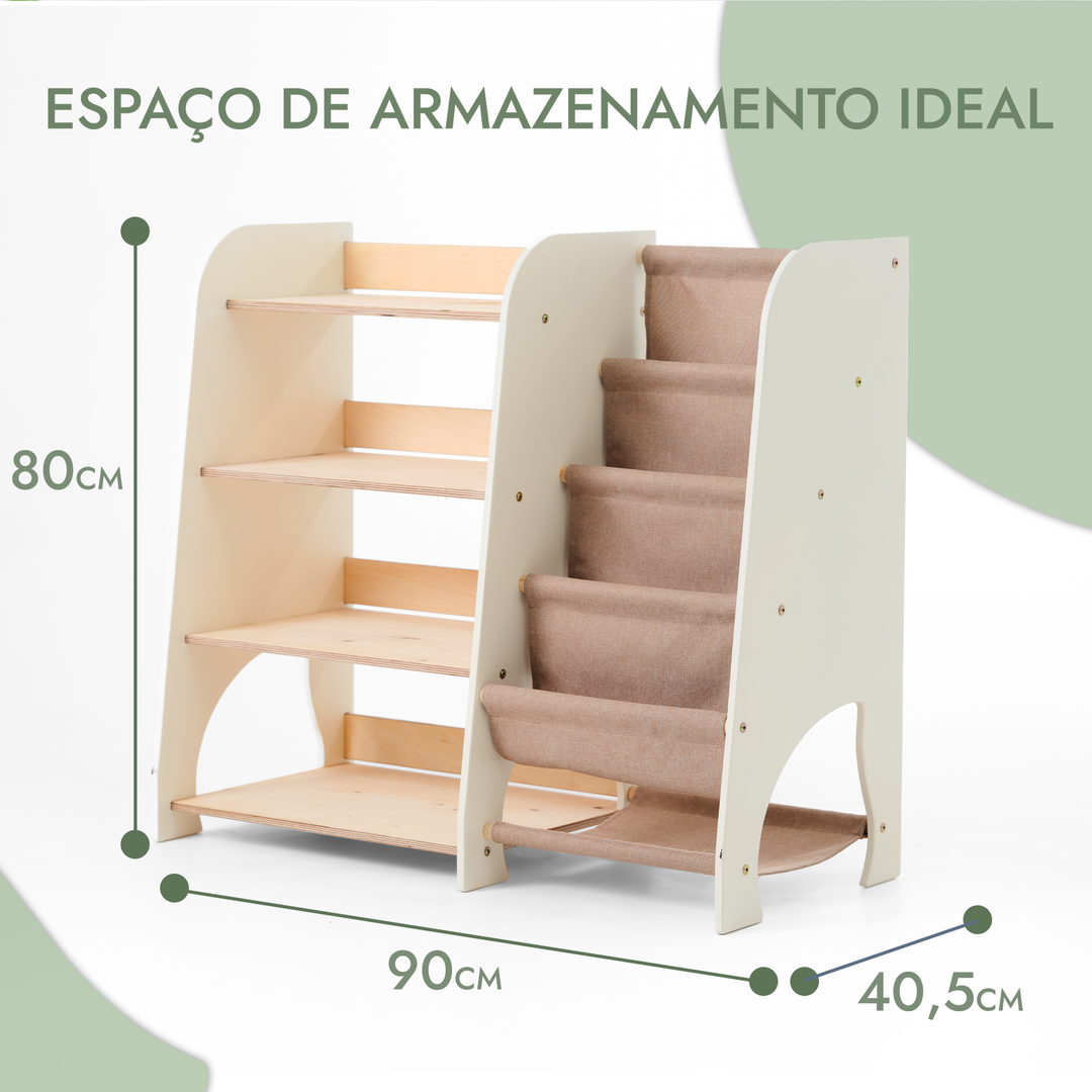Prateleiras Montessori de Madeira 2‑em‑1 para Crianças: Estante para Livros e Brinquedos