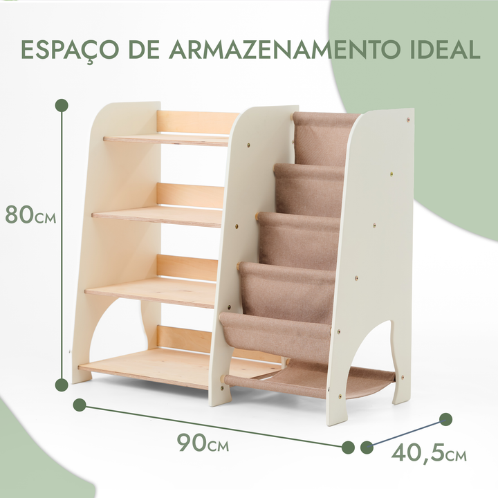 Prateleiras Montessori de Madeira 2‑em‑1 para Crianças: Estante para Livros e Brinquedos