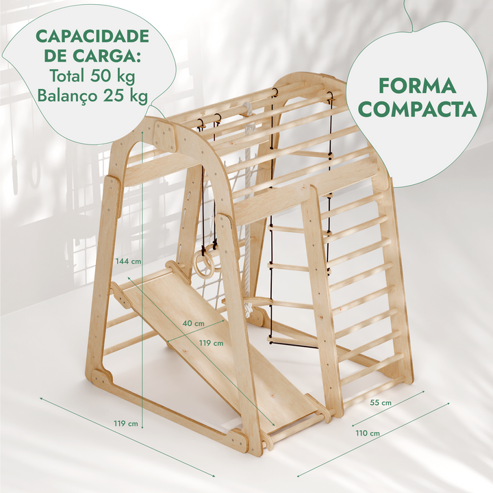 Parque infantil interior em madeira para crianças - Parque infantil 6 em 1 + conjunto de baloiços + escorrega