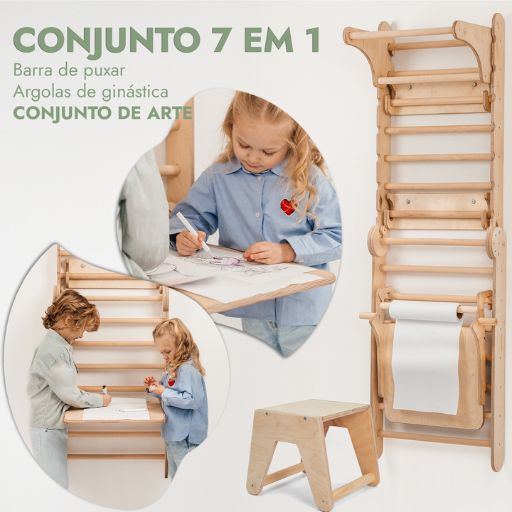Parede sueca de madeira 4 em 1 / Escada de escalada para crianças + Baloiço + Escorrega + Quadro para desenho e arte