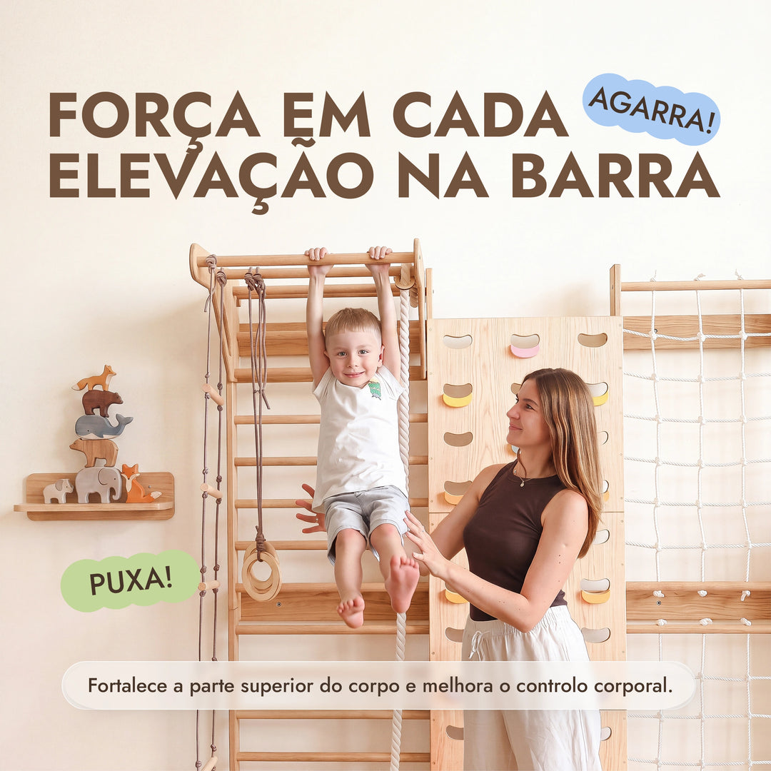 7-in-1 Parede de Escalada para Crianças: espaldar, rede, barra e baloiços 3em1