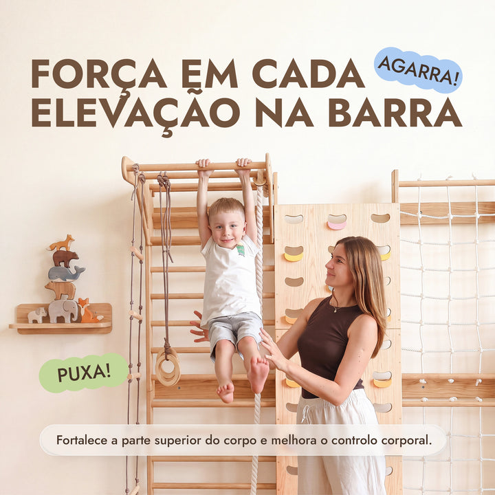 7-in-1 Parede de Escalada para Crianças: espaldar, rede, barra e baloiços 3em1