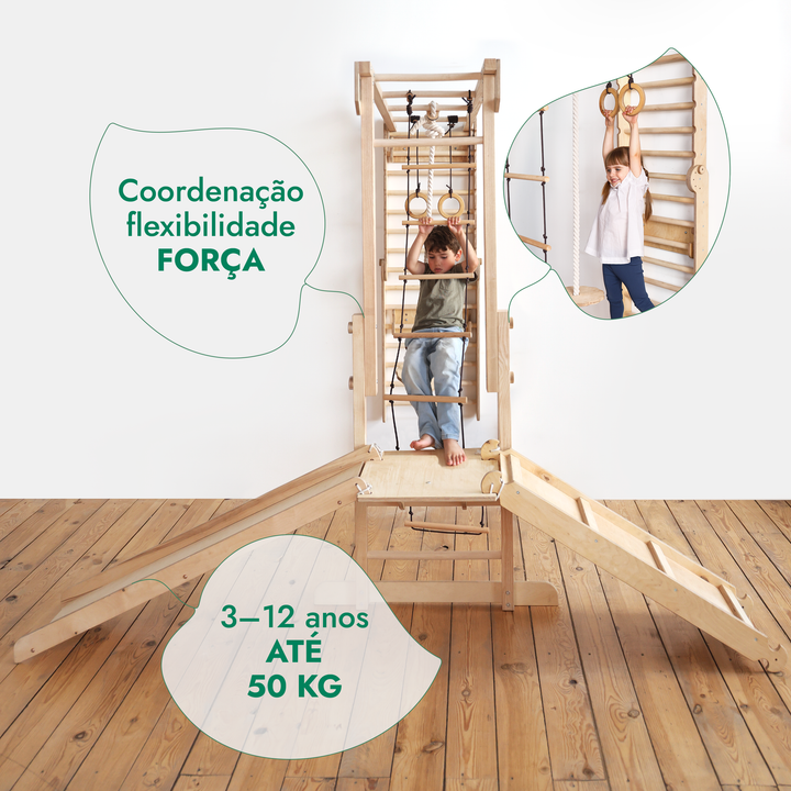 Conjunto de Brincadeira Jungle 7-em-1 para Crianças: Escada Sueca + Barras de Macaco + Balanço + Escorrega + Rampa