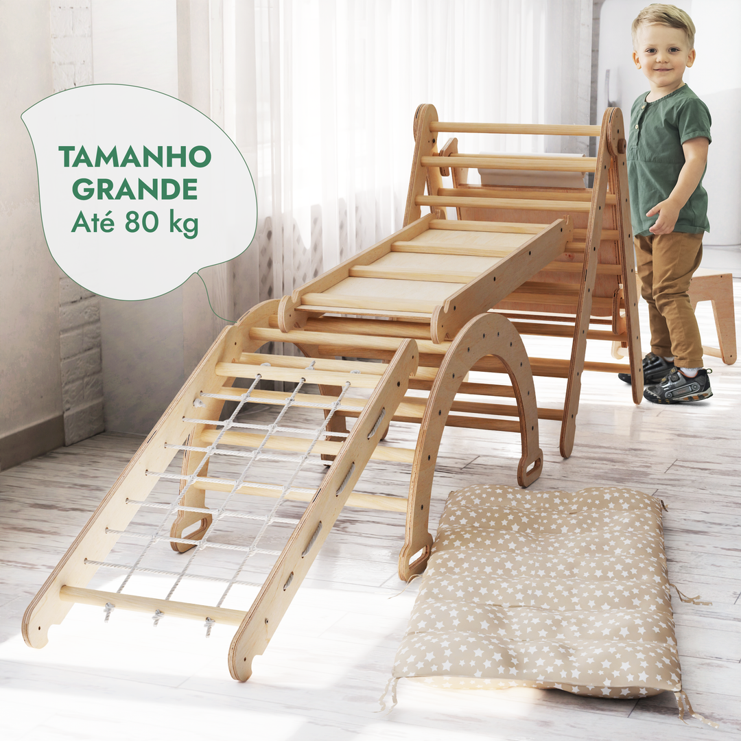 Conjunto de escalada Montessori 6 em 1: Escada triangular + Arco/Baloiço + Escorrega/Rampa + Rede + Almofada + Acessório de desenho e arte