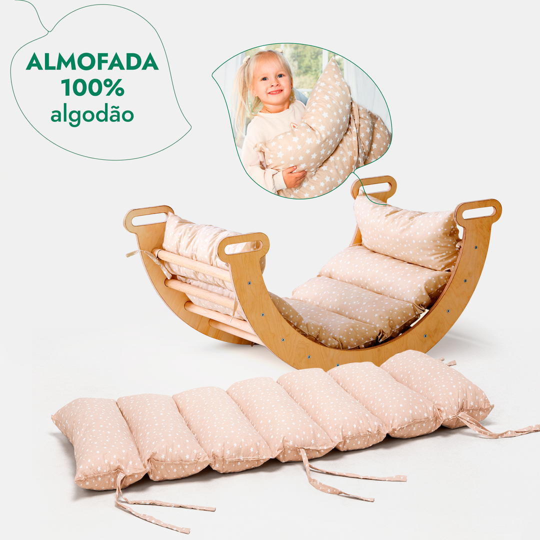 Conjunto de escalada Montessori 4 em 1: Escada Triangular + Arco de Escalada + Escorrega + Almofada Bege