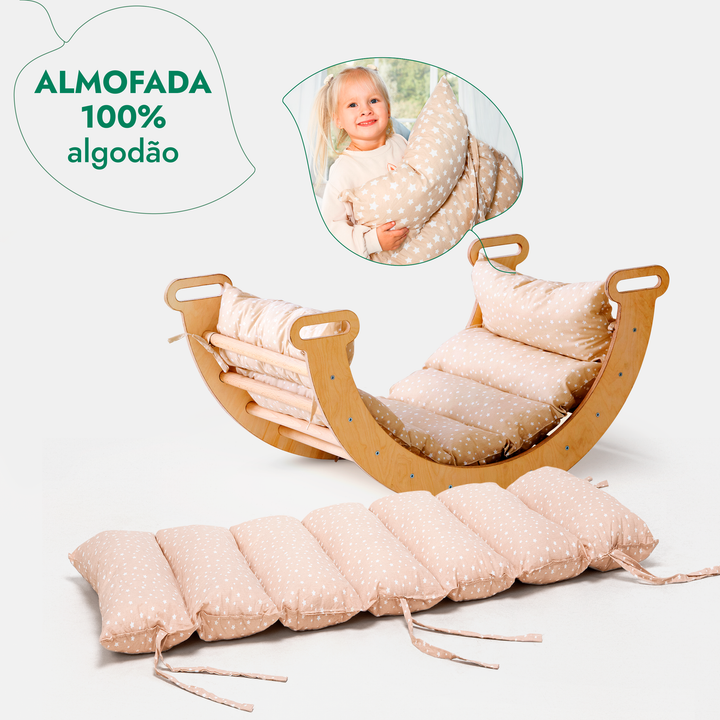 Conjunto de escalada Montessori 4 em 1: Escada Triangular + Arco de Escalada + Escorrega + Almofada Bege