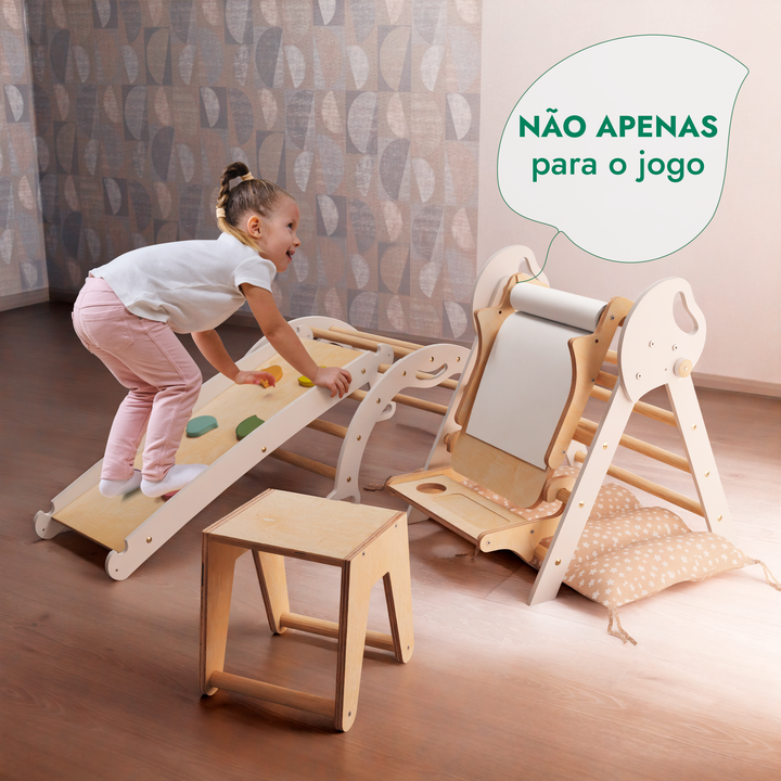 Conjunto de trepar 5 em 1 para crianças: Escada Triangular + Arco de Escalada + Escorrega + Almofada + Acessório de desenho e arte