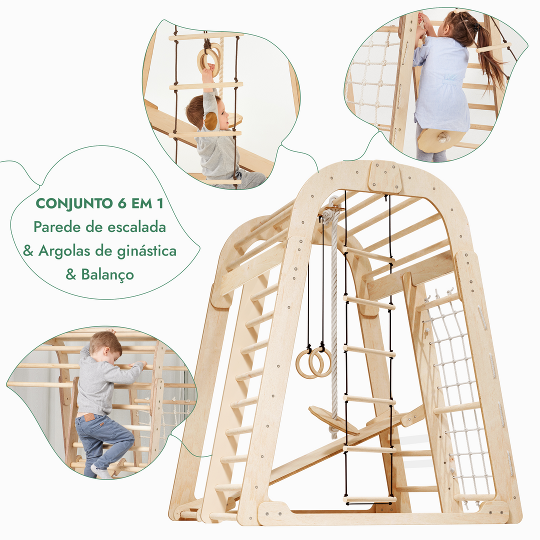 Parque infantil interior em madeira para crianças - Parque infantil 6 em 1 + conjunto de baloiços + escorrega