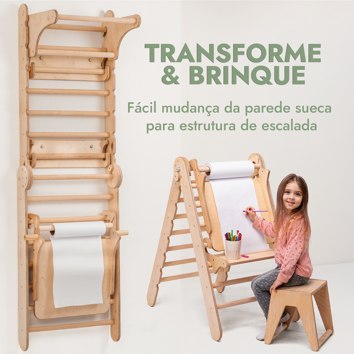 Parede sueca de madeira 4 em 1 / Escada de escalada para crianças + Baloiço + Escorrega + Quadro para desenho e arte