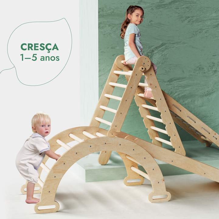 Conjunto de estrutura de escalada Montessori 4 em 1: Escada triangular + Arco/Baloiço + Escorrega/Rampa + Rede de escalada