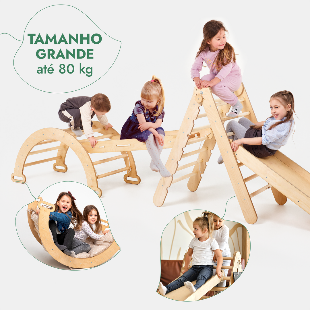 Conjunto de estrutura de escalada Montessori 4 em 1: Escada triangular + Arco/Baloiço + Escorrega/Rampa + Rede de escalada