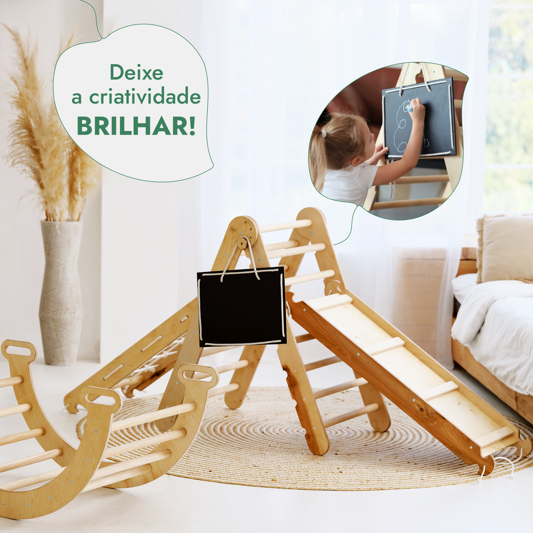 Conjunto de estrutura de escalada Montessori 4 em 1: Escada triangular + Arco/Baloiço + Escorrega/Rampa + Rede de escalada