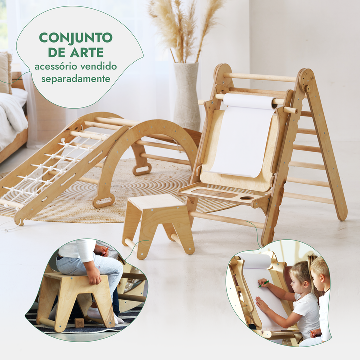 Conjunto de estrutura de escalada Montessori 4 em 1: Escada triangular + Arco/Baloiço + Escorrega/Rampa + Rede de escalada