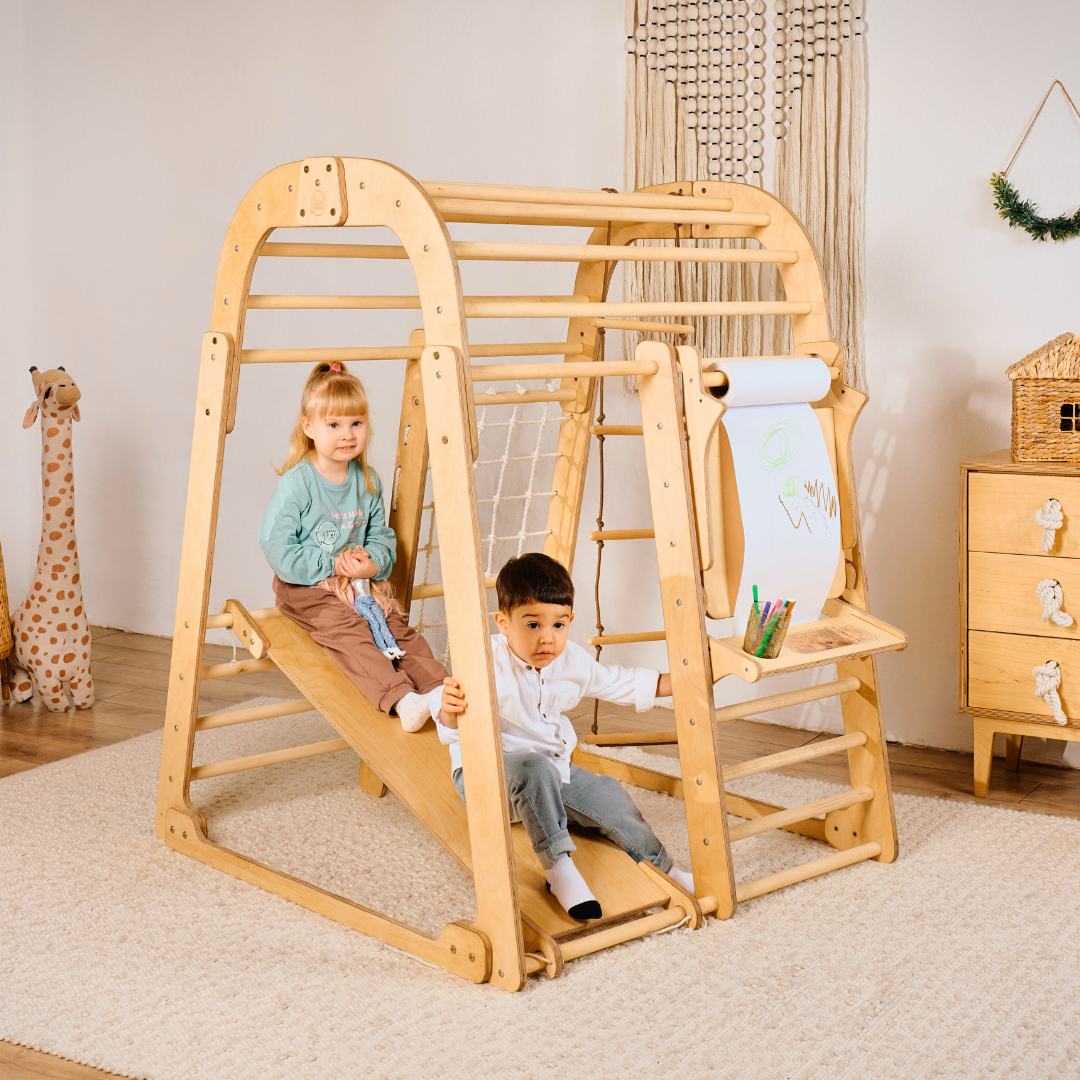 Parque infantil interior em madeira para crianças - Parque infantil 7 em 1 + conjunto de baloiços + escorrega + Acessório de desenho e arte