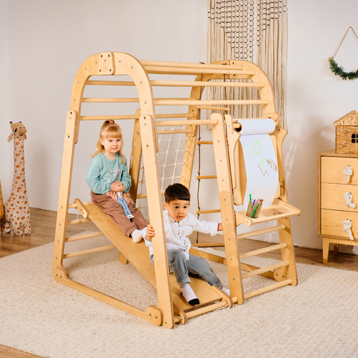 Parque infantil interior em madeira para crianças - Parque infantil 7 em 1 + conjunto de baloiços + escorrega + Acessório de desenho e arte