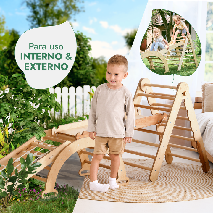 Conjunto de estrutura de escalada Montessori 4 em 1: Escada triangular + Arco/Baloiço + Escorrega/Rampa + Rede de escalada