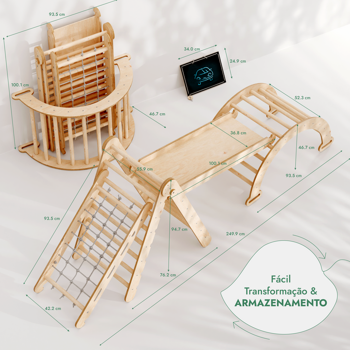 Conjunto de estrutura de escalada Montessori 4 em 1: Escada triangular + Arco/Baloiço + Escorrega/Rampa + Rede de escalada