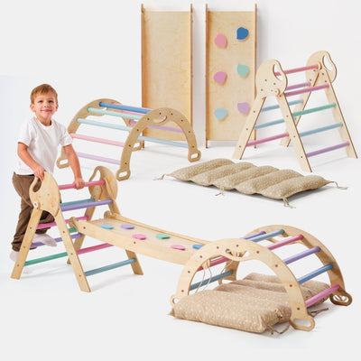 Conjunto de Escalada Montessori 4 em 1: Triângulo Pikler, Arco, Prancha de Escorregar e Almofada para Crianças Pequenas (1–3 anos) – Tons Pastel